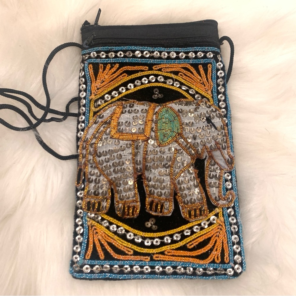 Beaded Elephant Crossbody Bag - Black & Gold